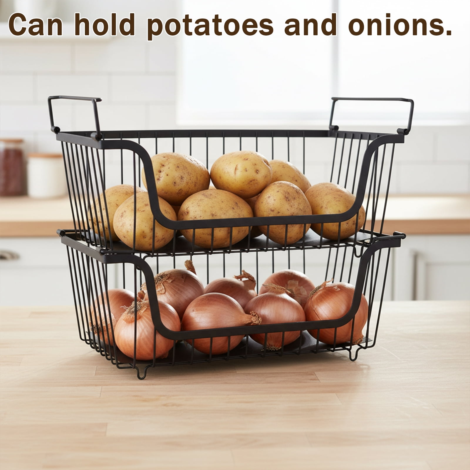 Pethiy 2-Pack Onions & Potatoes Storage Baskets, Stackable Metal Wire Organizer with Handles, Multi-Purpose Kitchen Pantry Produce Storage for Root Vegetables