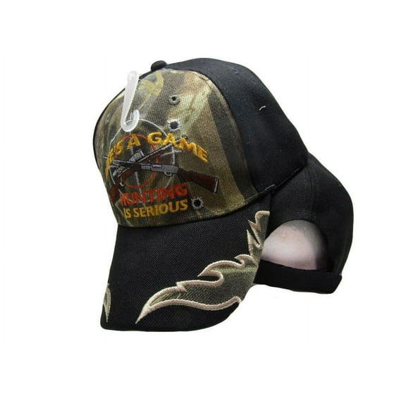 Life's A Game Hunting Is Serious Camo Black Embroidered Cap Hat Guns Bullseye