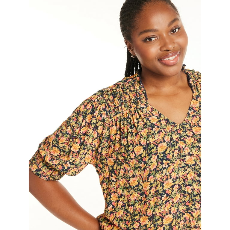 Terra Sky Women s Plus Size Smocked V Neck Blouse Sizes 0X 5X Walmart