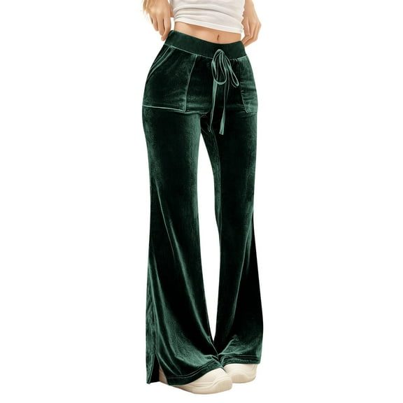 Women's High Waisted Flare Velvet Pants - Wide Leg Stretch Comfy Lounge Velour Trousers, Elastic Waist Drawstring Pants with Side Pockets