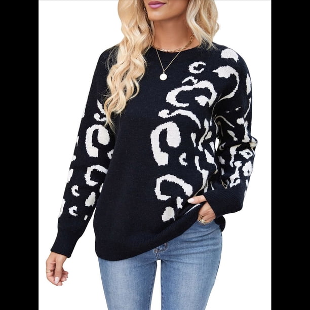 Suéter de Larga para Mujer, Suéter Informal de Otoño con Cuello Redondo, Jersey de Punto con Estampado de Leopardo, y Holgado. Negro L