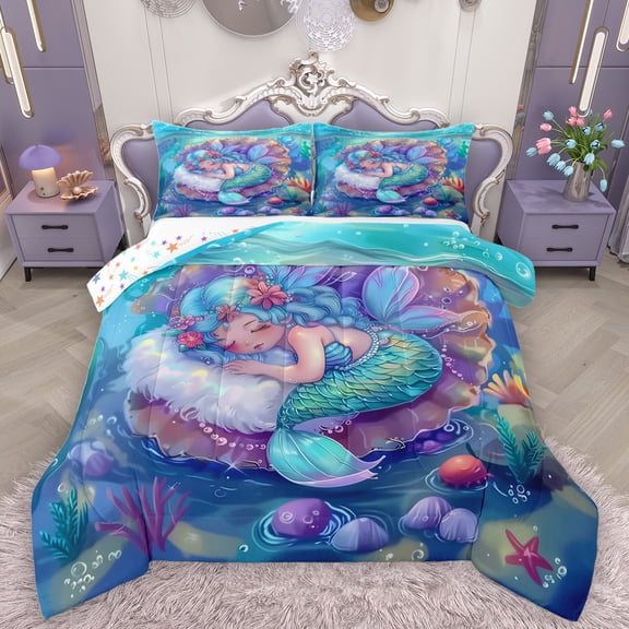 Homewish Cute Cartoon Mermaid Bedding Comforter Set,Oceean Animal Twin Comforter Sets,Watercolor Sealife Coral Bedding Set For Girls,Breathable Home Decor Reversible,2pcs