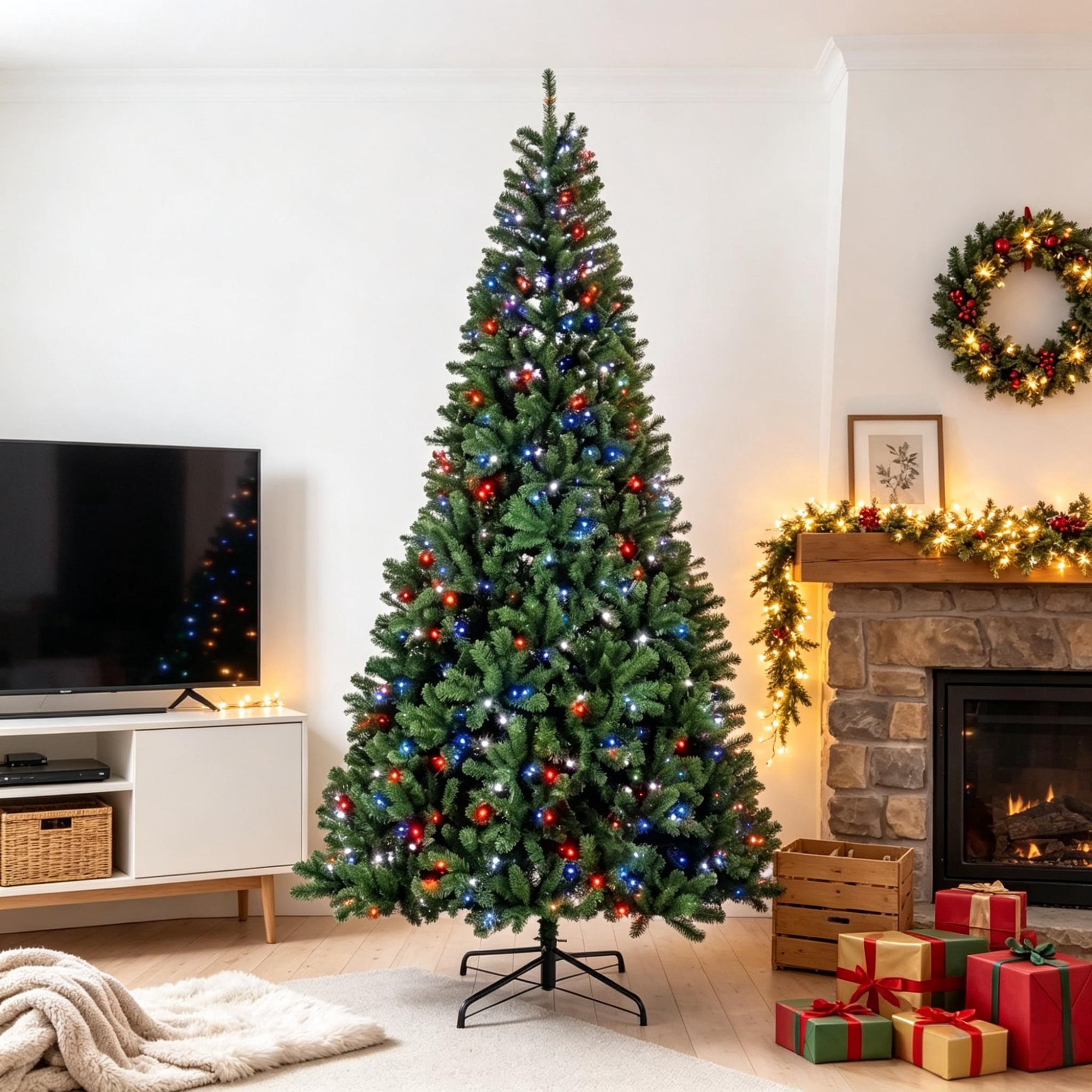 9 ft Pre-Lit Christmas Tree with RGB Dynamic LED Lights, Remote Control, 650 Lights, 2712 Branch Tips, Hinged Sections, Indoor Holiday Decoration
