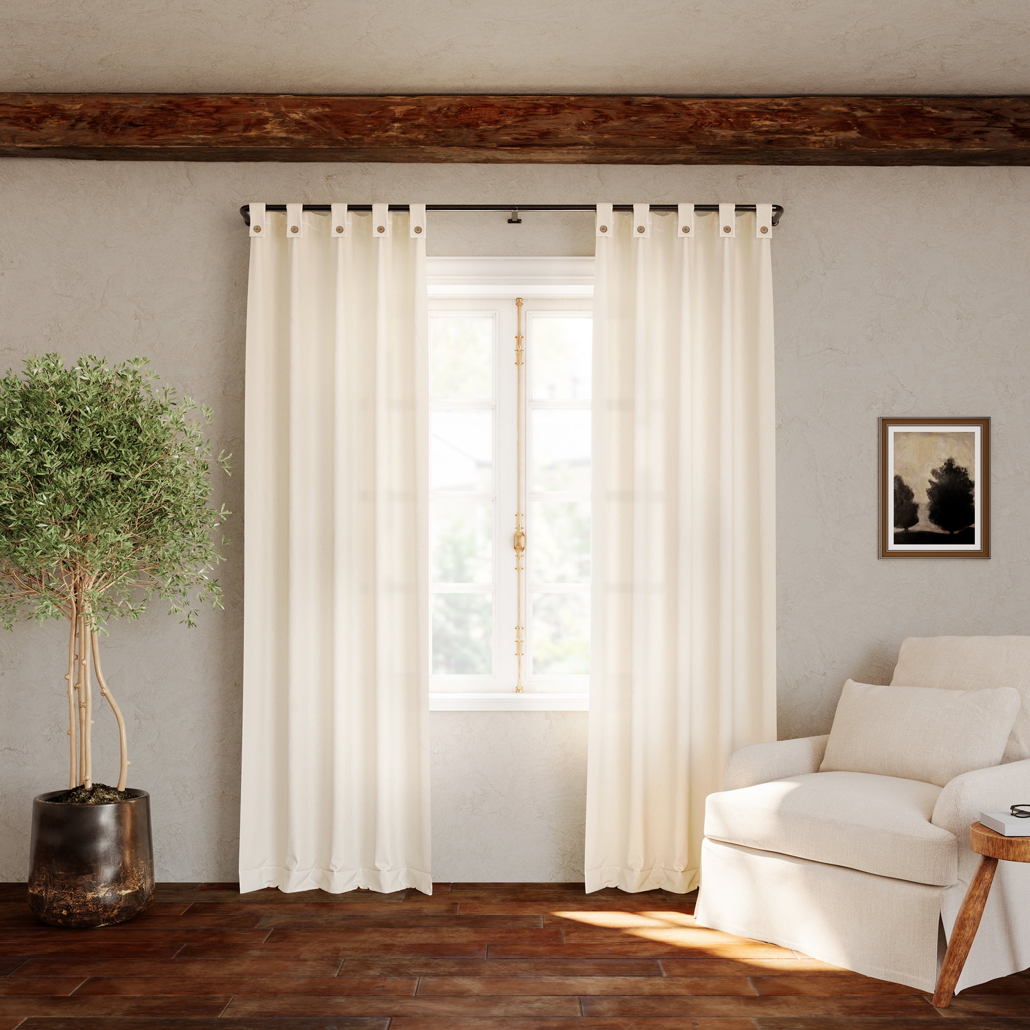 Archaeo  Cotton Blend Button Semi-Sheer  Tab Top Single Curtain Panel, 1 Panel, Cream, 40”W x 84"L