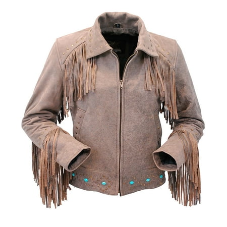 - Turquoise and Fringe Brown Leather Jacket for Women #L17081ZFTN- S
