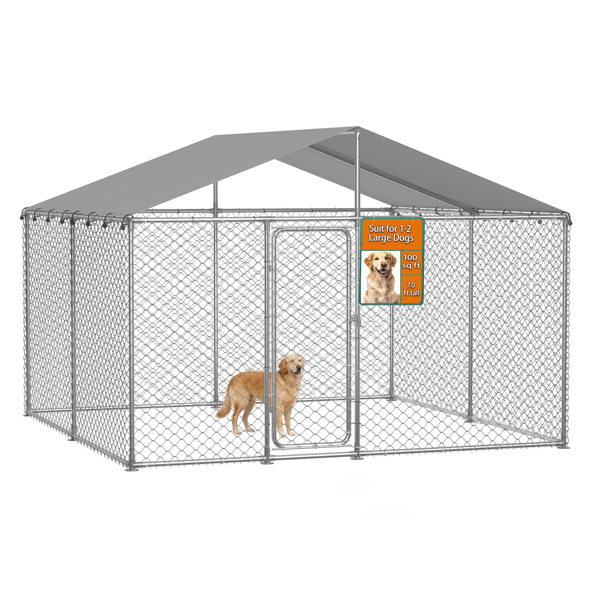 YOKWOK 10x10ft Outdoor Dog Kennel Heavy Duty Metal Dog Pet Enclosure, with Galvanized Steel Fence and Metal Gate, UV Waterproof Sun Resistant Roof Cover and Secure Lock