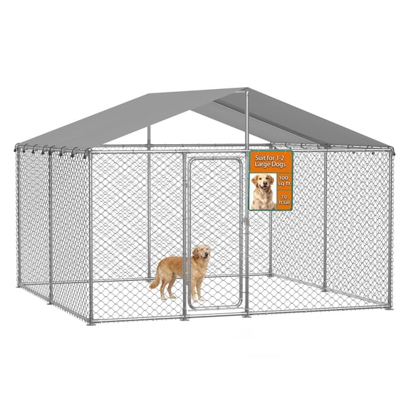 YOKWOK 10x10ft Outdoor Dog Kennel Heavy Duty Metal Dog Pet Enclosure, with Galvanized Steel Fence and Metal Gate, UV Waterproof Sun Resistant Roof Cover and Secure Lock