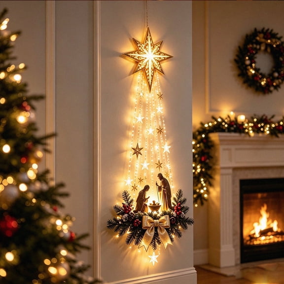 Lighted Nativity Wall Decor, Bethlehem Star of Faith,LED Christmas Wall Hanging with Holy Family Scene and Warm Lights for Christmas Outdoor Indoor Decoration