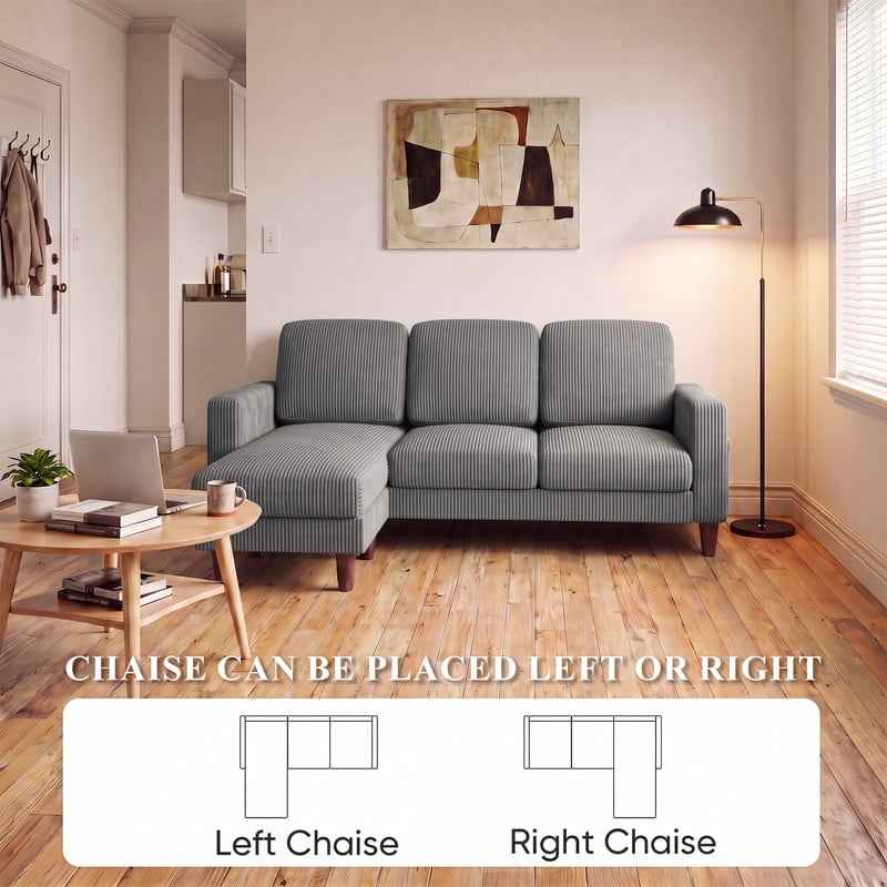 Lacoo L-Shaped Sofa Couch, 72" Modern Reversible Chaise Cloud Sofa with Cushions for Living Room, Apartment and Small Space, Corduroy Gray