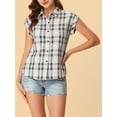 thumbnail image 6 of Allegra K Women's Halloween Costume Point Collar Short Cap Sleeves Plaids Button Down Shirt, 6 of 7
