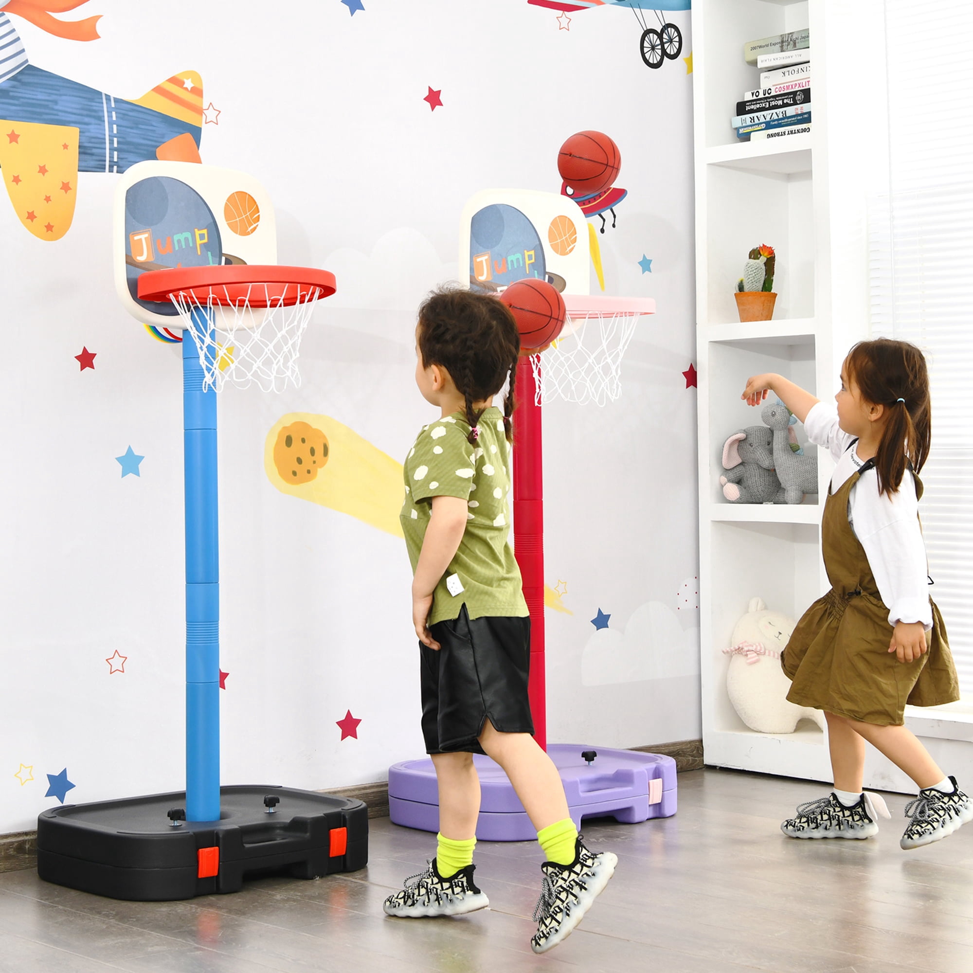 Gymax Portable 2 in 1 Kids Basketball Hoop Stand w/ Ring Toss & Storage Box Black