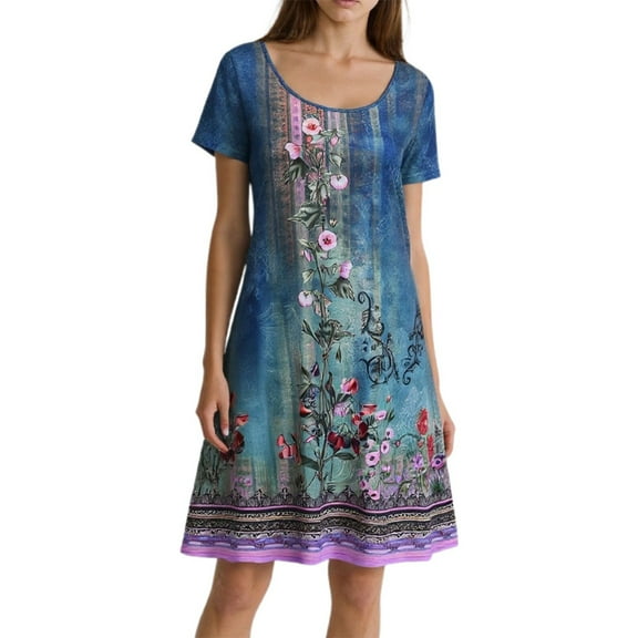 Jamsmile Womens Dress Summer Short Sleeve Crew Neck Bohemian Floral Print Dresses Casual Flowy A-Line Boho Mini Sundress