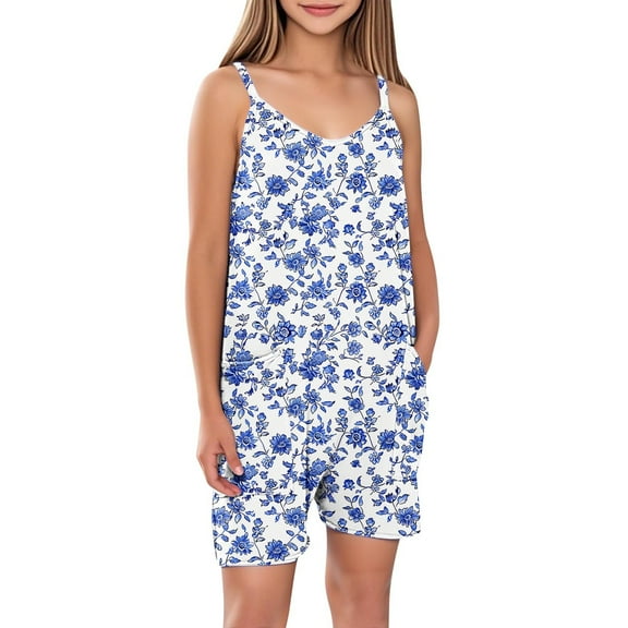 YABCSAZ Girl's Jumpsuit Sleeveless Spaghetti Strap Romper Casual Loose Summer Jumpsuits Solid Color Kids Clothes Infants Baby Outfits Baggy Sweatpants Romper with Pockets Size 7 Years