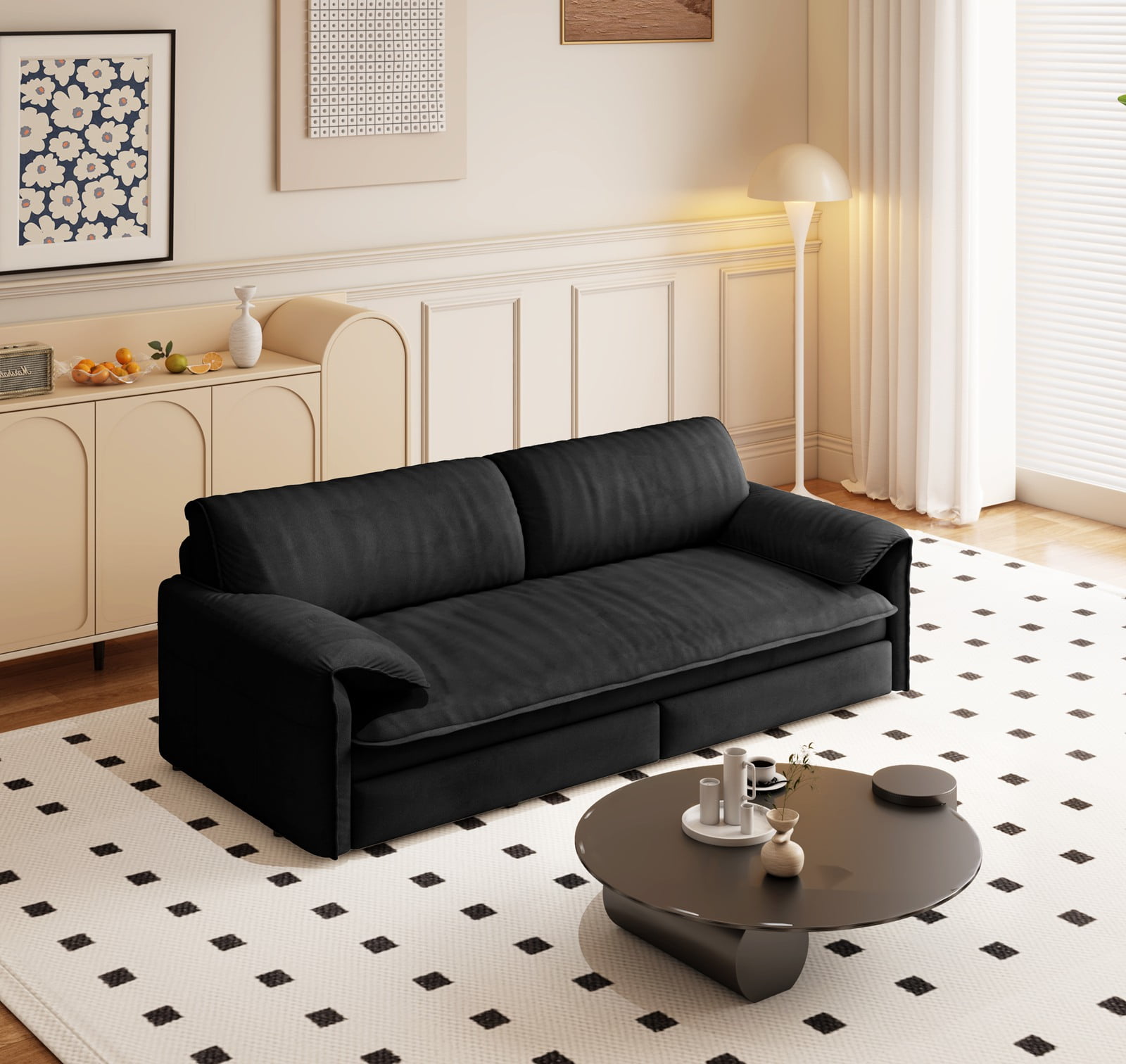 66" Futon Sofa Bed Queen Size, Pull Out Bed, 3-in-1 Convertible Sleeper Sofa with Side Pocket, Modern Velvet Futon Couch for Living Room, Small Space, Apartment, Bedroom, Black
