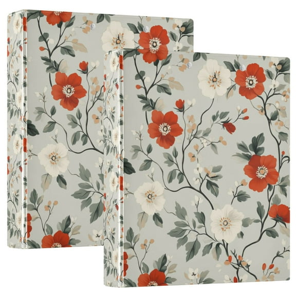 FORMRS 3 Ring Binder 1/2 inch with Pockets Set of 2 Clip Board 200 Sheets Capacity, Red and White Floral Pattern