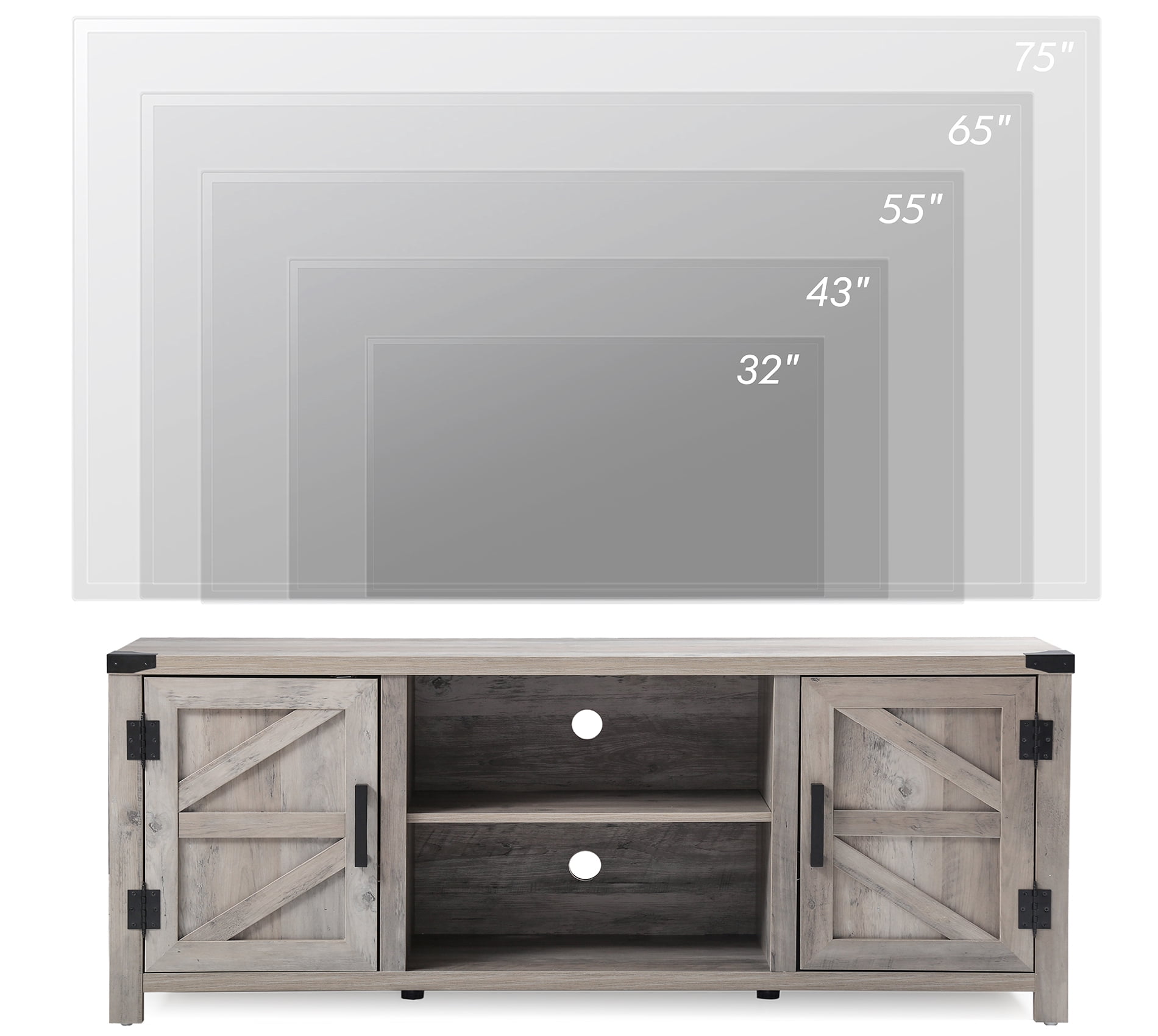 Barn Door TV Stand for 70 inch Flat Screen, Media Console Table Storage Cabinet in Rustic Wash Grey, Entertainment Center for Living Room