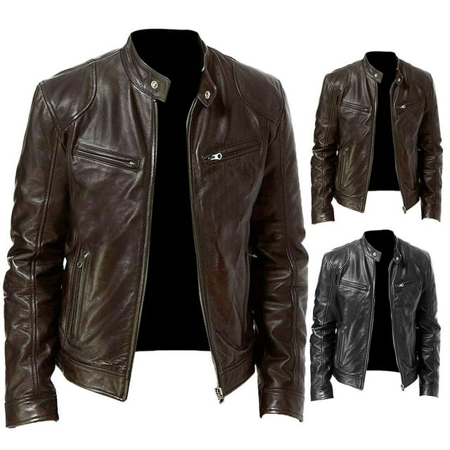 Autumn Winter Men Stand Collar Zipper Faux Leather Motorcycle Jacket Short Coat