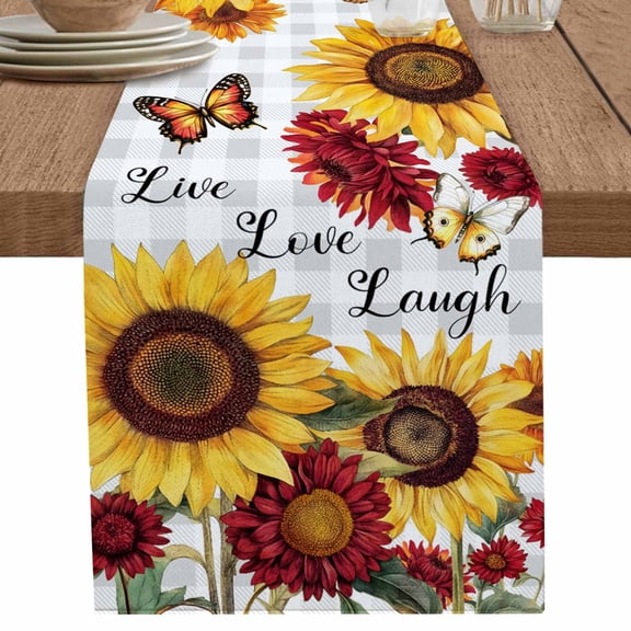 nqOlkjepod Sunflower Gray Check Table Runner 36 Inches Long Farmhouse Dress Scarves, Farmhouse Flowers Butterfly Dining Tablerunner for Coffee Table/Kitchen Island/Party Décor, Small 13" x 36"