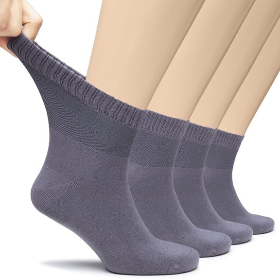 Hugh Ugoli Men's Loose Diabetic Ankle Socks Bamboo, Wide, Thin, Seamless Toe and Non-Binding Top, 4 Pairs, Dark Grey, Shoe Size: 11-13
