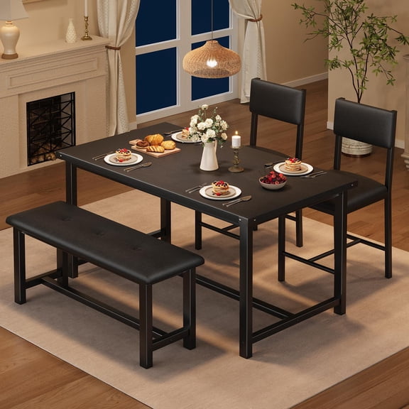 Retro Black 4-Seater Dining Table Set with 2 Chairs & Bench