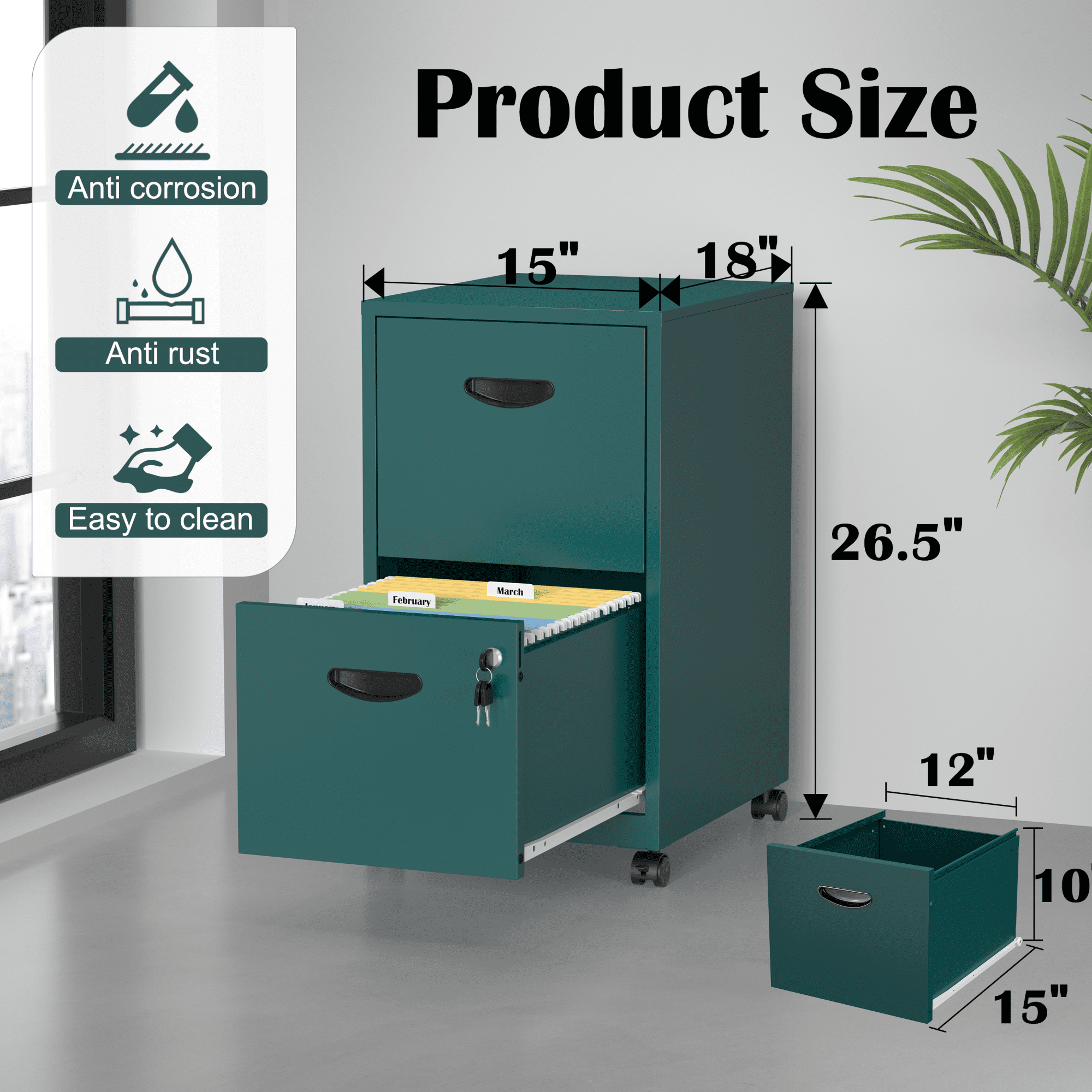 SteeLoong File Cabinet on Whells,Freestanding Storage Organizer,Green Metal 2-Drawer,Letter Size,Easy Assemble