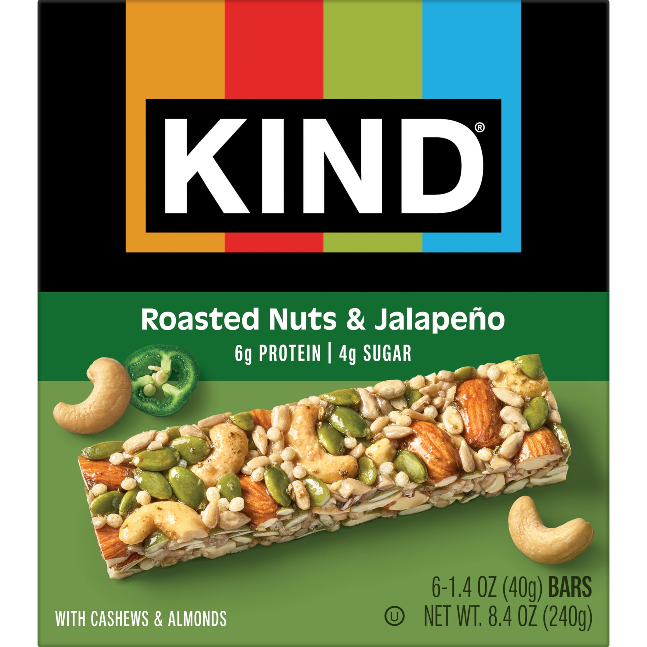 KIND Savory Nut Bars, Gluten Free Snacks, Roasted Nuts & Jalapeno, 8.4oz Box (6 Bars)