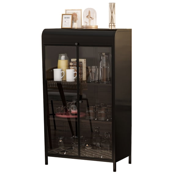 Sturdy 47.6" Steel Storage Cabinet - Glass Doors & Flip-Top - 4-Tier Shelving Unit for Home/Office Organization