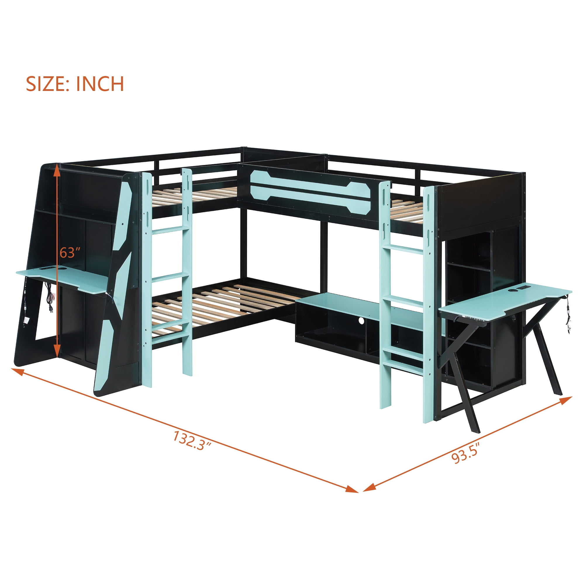 Mintazer L-Shaped Triple Twin Gaming Bunk Bed with 2 Gaming Desks & RGB LED Lights, Triple Bed Frame with USB Charging, TV Stand & Storage Shelves for Bedroom, Black & Green