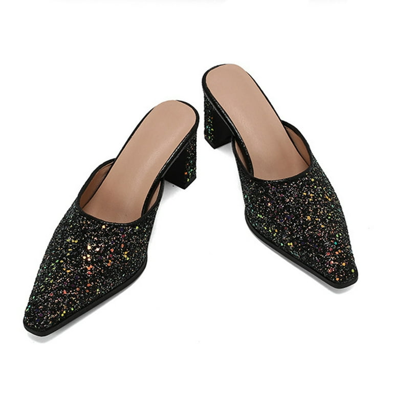 Sparkly Sequin Dress High Heels Mules Slides Sandals for Women