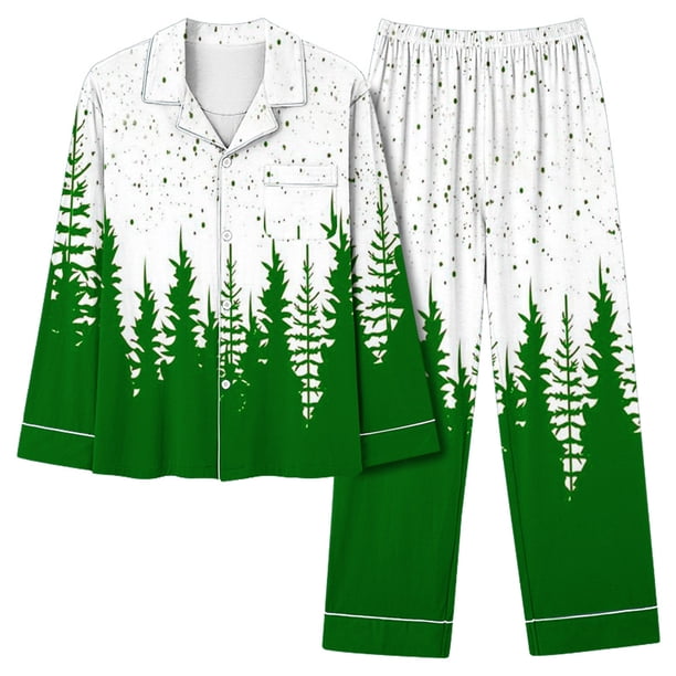 Puntoco Conjunto De Pijama De Pantalones Y tops Casuales De Manga Larga Con Estampado Navideño Para Mujer (1 top + 1 Pantalón) Conjunto De Solapa De Manga Larga Verde L