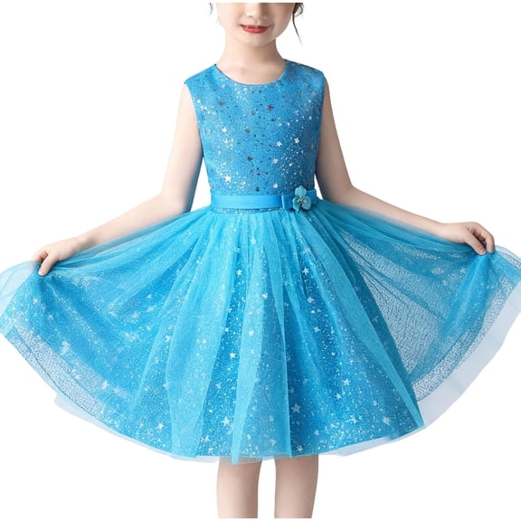 OGLCCG Girls Sequin Tulle Dress Sleeveless Crew Neck Sparkly Flower Dress with Belted Pageant Formal Fancy Birthday Party Dresses 4-15 Years