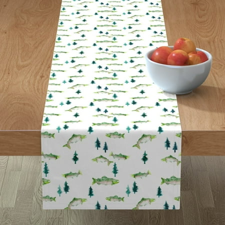 

Cotton Sateen Table Runner 108 - Christmas Fish Fly Fishing Food Dinner Green White Pacific Northwest Salmon Pine Trees Trout Print Custom Table Linens by Spoonflower