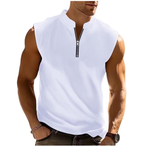 cocolona Mens Summer Tank Tops Zipper V Neck Sleeveless Workout T-Shirts Fashion Casual Solid Color Blouses