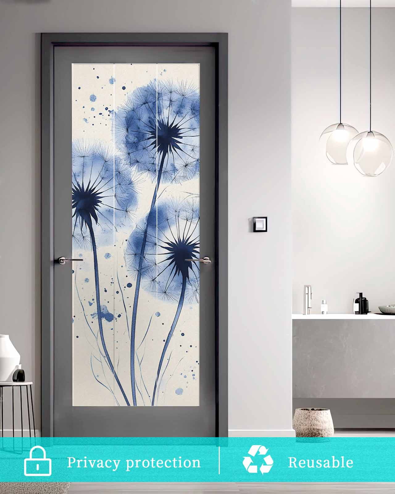 Window Privacy Film Spring Dandelion Stained Glass Window Film Decorative Sun Block Window Cover Simple Vintage Watercolor Blue Flowers Window Clings Static Adhesive Sticker for Bathroom 35.4"x78.7"