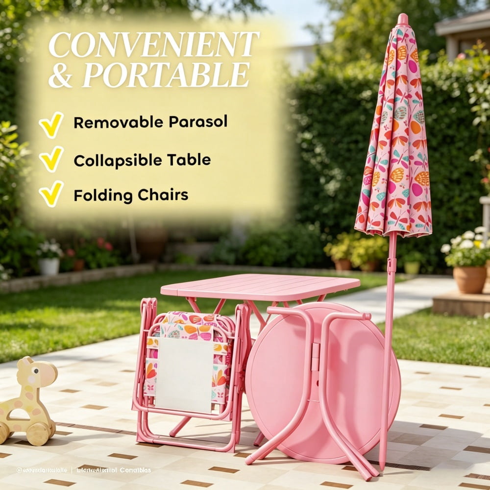 Pink Kids 4-Piece Outdoor Set (Table + 2 Chairs + Umbrella) - Butterfly Design, Foldable & Safe for 2-5 Years Old