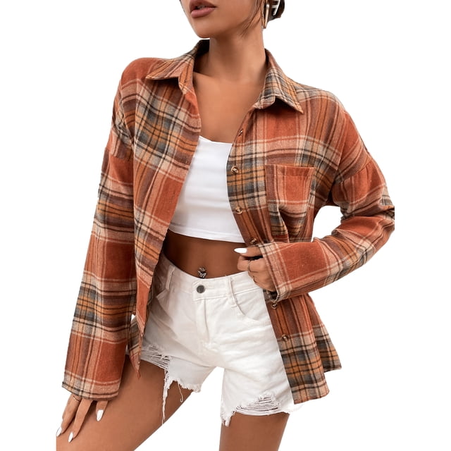 Camisa a cuadros con botones para mujer,Camisa con estampado a cuadros para mujer Camisa a cuadros para mujer Blusa de manga larga para mujer Rendimiento sólido