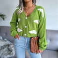 thumbnail image 4 of Women'S Casual Elegant Cloud Print Cropped Button Front Long Sleeve V Neck Knit Cardigan Green L, 4 of 8