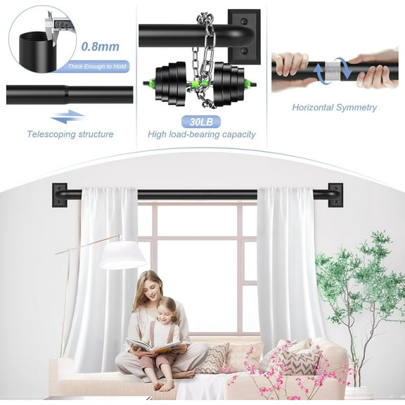 Black Wrap Around Curtain Rods 72 to 144 Inch: Blackout Heavy Duty Adjustable Long Window Curtain Rod Room Darkening Modern Industrial Curved French Return Metal Drapery Rod Easy Install Matte Black