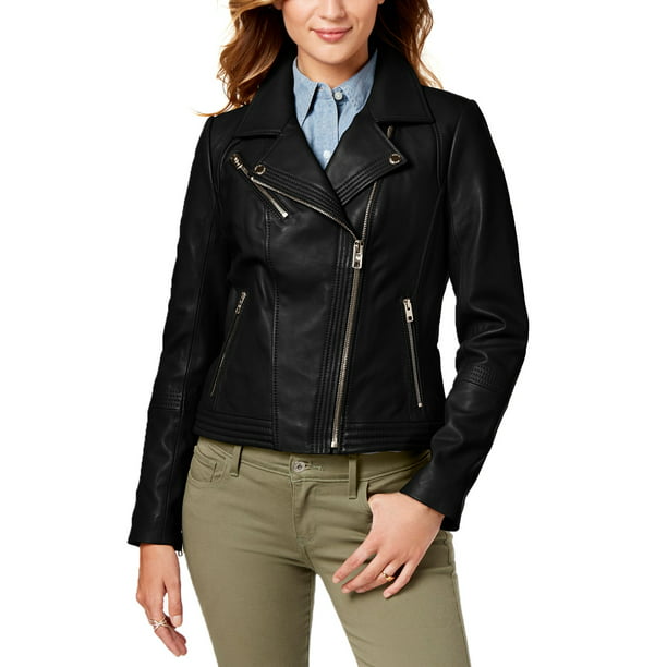 MICHAEL Michael Kors Leather Zipper Moto Jacket (Black, Large) 