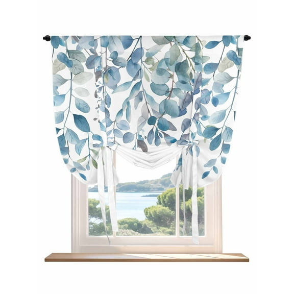 Blue Eucalyptus Leaves Tie Up Curtains for Windows 45 Inch Length Balloon Curtains Kitchen Adjustable Balloon Window Shade Watercolor Botanical Weeping Tie Up Valance Bathroom Curtain Window 34"x45"