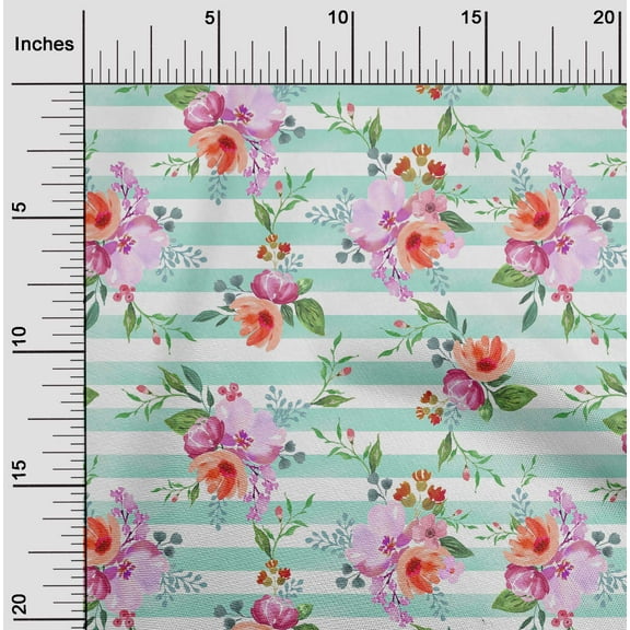 oneOone Organic Cotton Poplin Twill Fabric Stripe|Watercolor Leaves & Peony Floral_Printed Fabric 1 Yard 42 Inch Wide