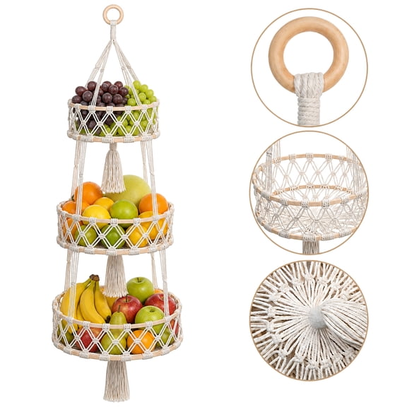 HBK 3 Tier Hanging Fruit Basket for Kitchen, Handwoven Cotton Produce Storage Hammock, Wall Mount Fruit Holder for Onions, Pantry Storage Set