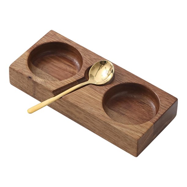 Bandeja de madera estilo japonés para condimentos, plato reutilizable para salsas con cuchara y cuenco para especias. 17x7x25cm