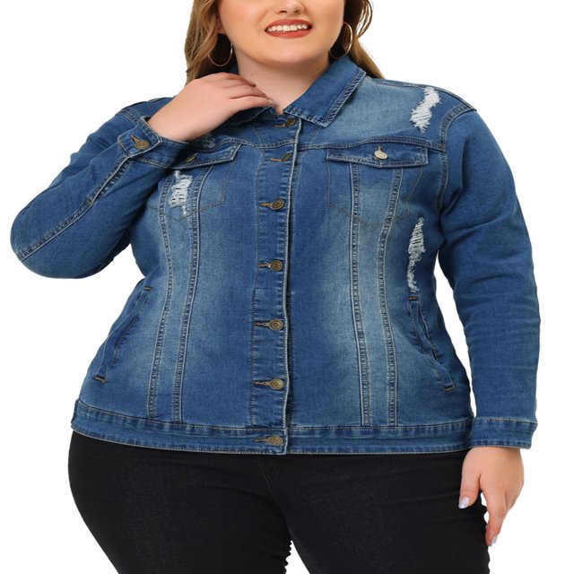 Unique Bargains Women‘s Plus Size Long Sleeve Button Front Washed Denim Jacket