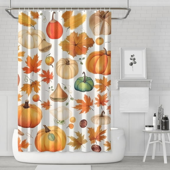 Fall Harvest Thanksgiving Pumpkin Shower Curtain,Autumn Leaves with Pumpkins Farmhouse Bath Curtain,Maple Leaves Bathroom Accessories Botanical for Bathroom Curtain Liner Set with Hooks,72X72in