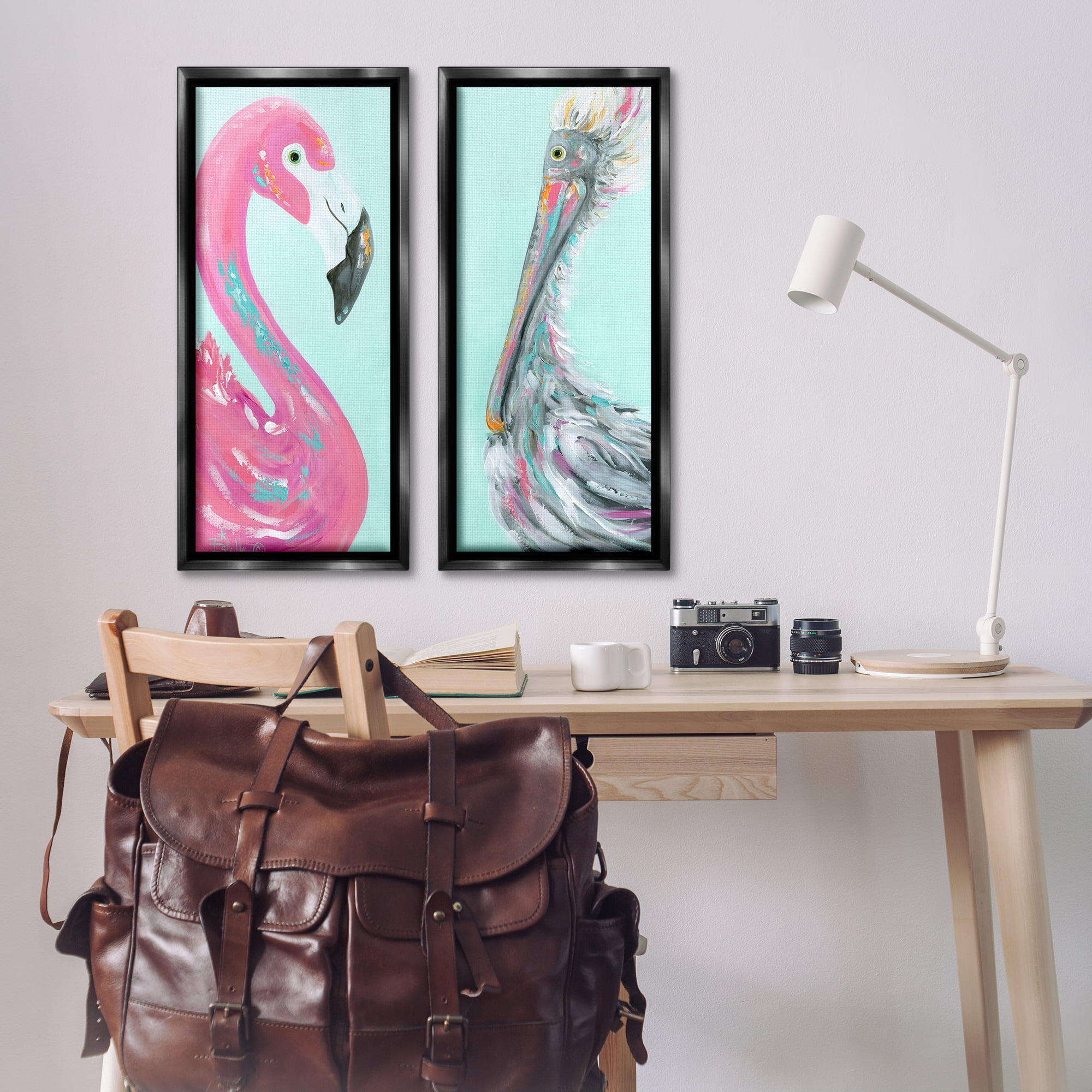 Stupell Industries Odd Flamingo Pelican Profile Animals Painting Black Floater Framed Canvas Art Print Wall Art, 14 x 31, Set of 2