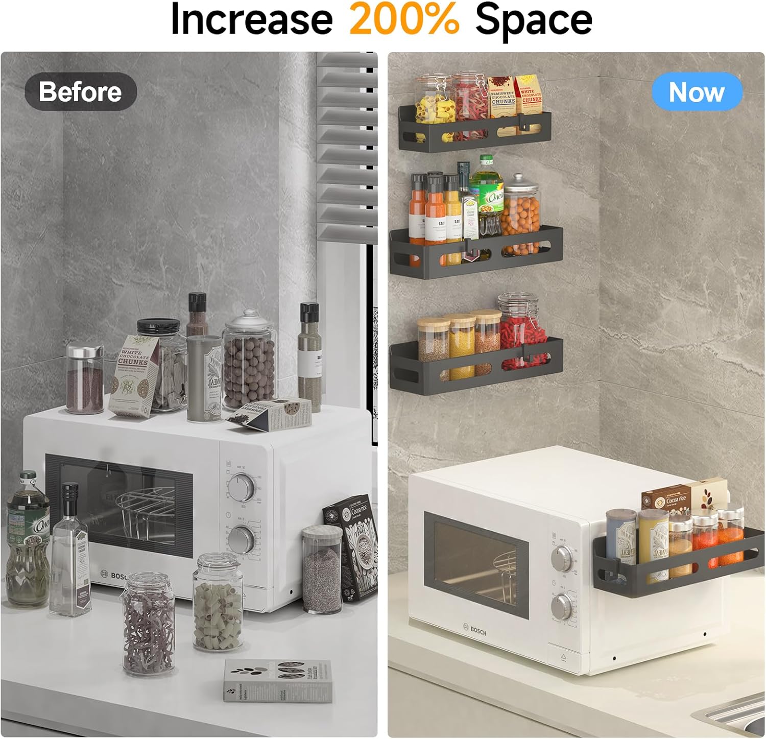 4 Pack Magnetic Spice Rack for Refrigerator - Strong Magnetic Shelves with Hooks, Metal Fridge Organizer for Kitchen Spice Storage, Space Saving Multipurpose Shelf, Black