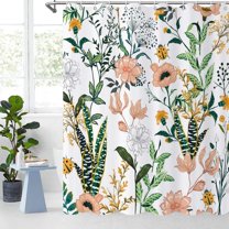 Floral Shower Curtain, Pink Flowers Tropical Leaves with Green Grey Branches Botanical Plants Bathroom Curtain Waterproof Fabric Machine Washable with Hooks, 36" Wx72 L