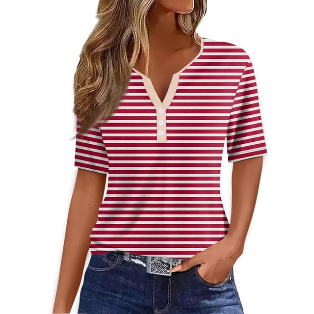 Économies d'Été KIHOUT Hauts d'Été pour Femmes, Blouse à Manches Courtes à Rayures Imprimées pour Femmes, T-Shirt à Col en V, Hauts Décontractés à Boutons (Rouge G)