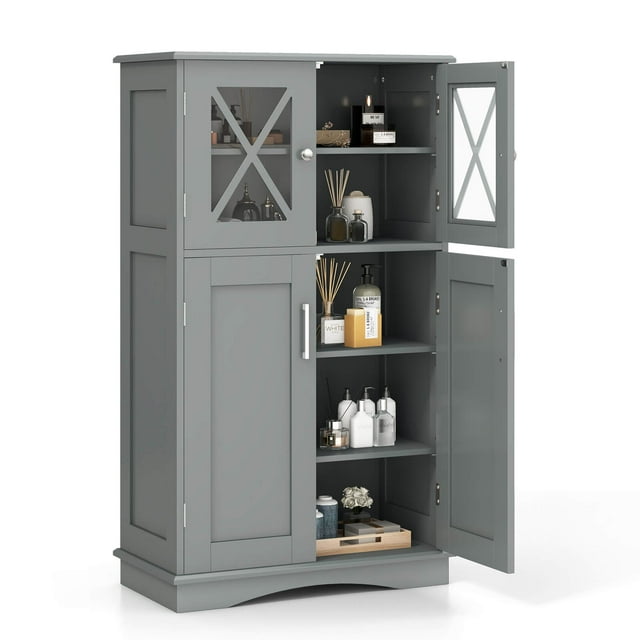 Costway Bathroom Storage Cabinet Linen Storage Cabinet with Doors and Adjustable Shelves Grey